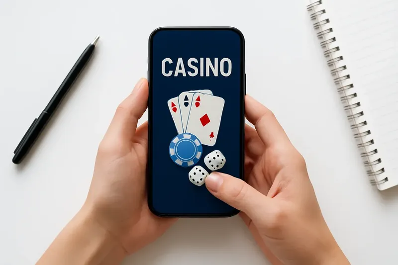 Hands holding phone with casino app above clean white desk