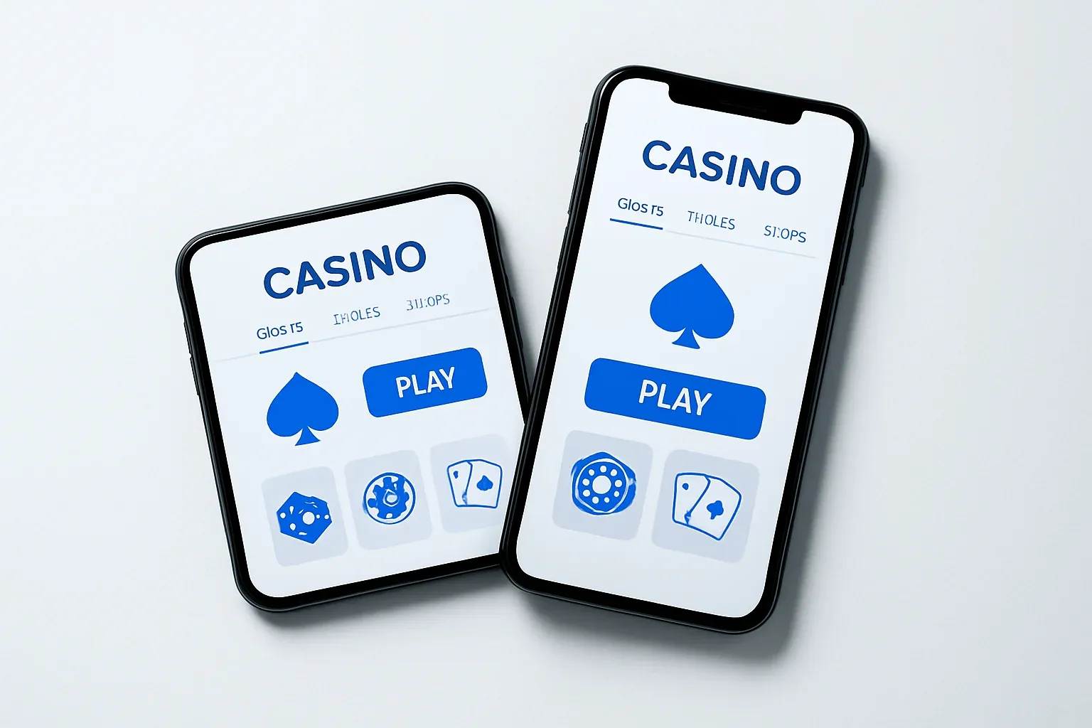 Two smartphones displaying a clean light casino app on white surface