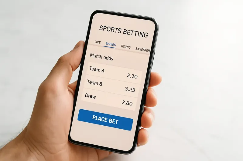 Hand holding smartphone showing sports betting odds on marble surface