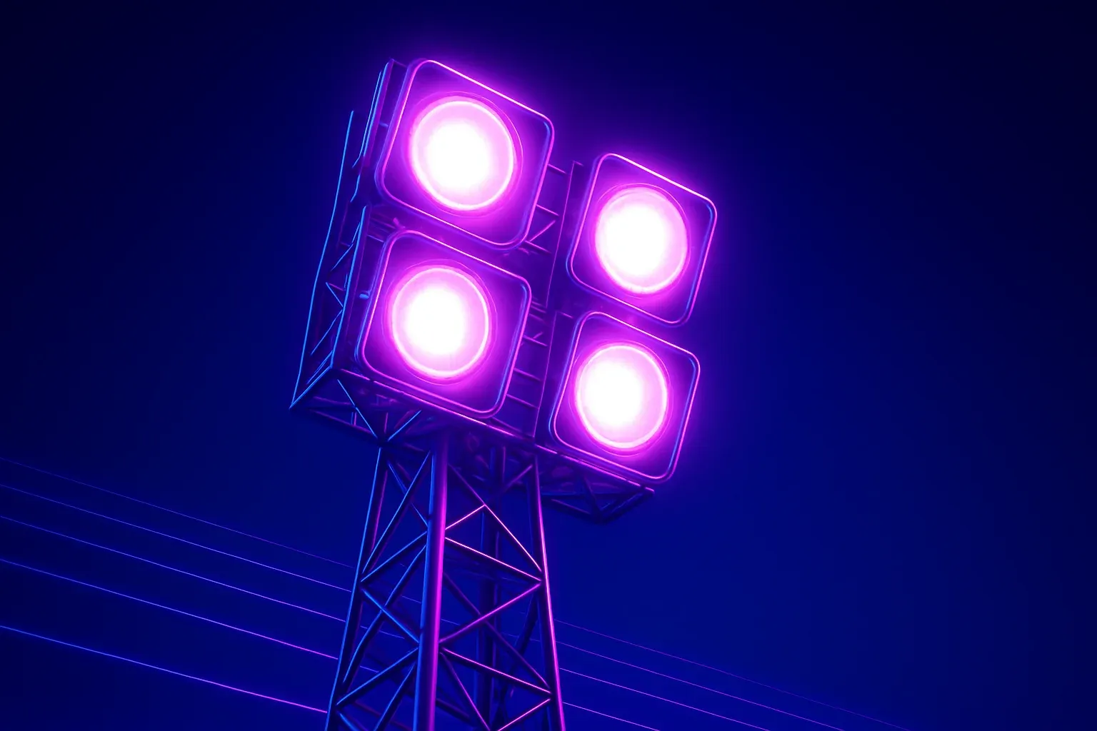 Looking up at four bright stadium floodlights against darkening blue sky