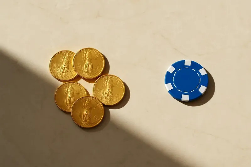 Five gold coins on cream marble with poker chip edge