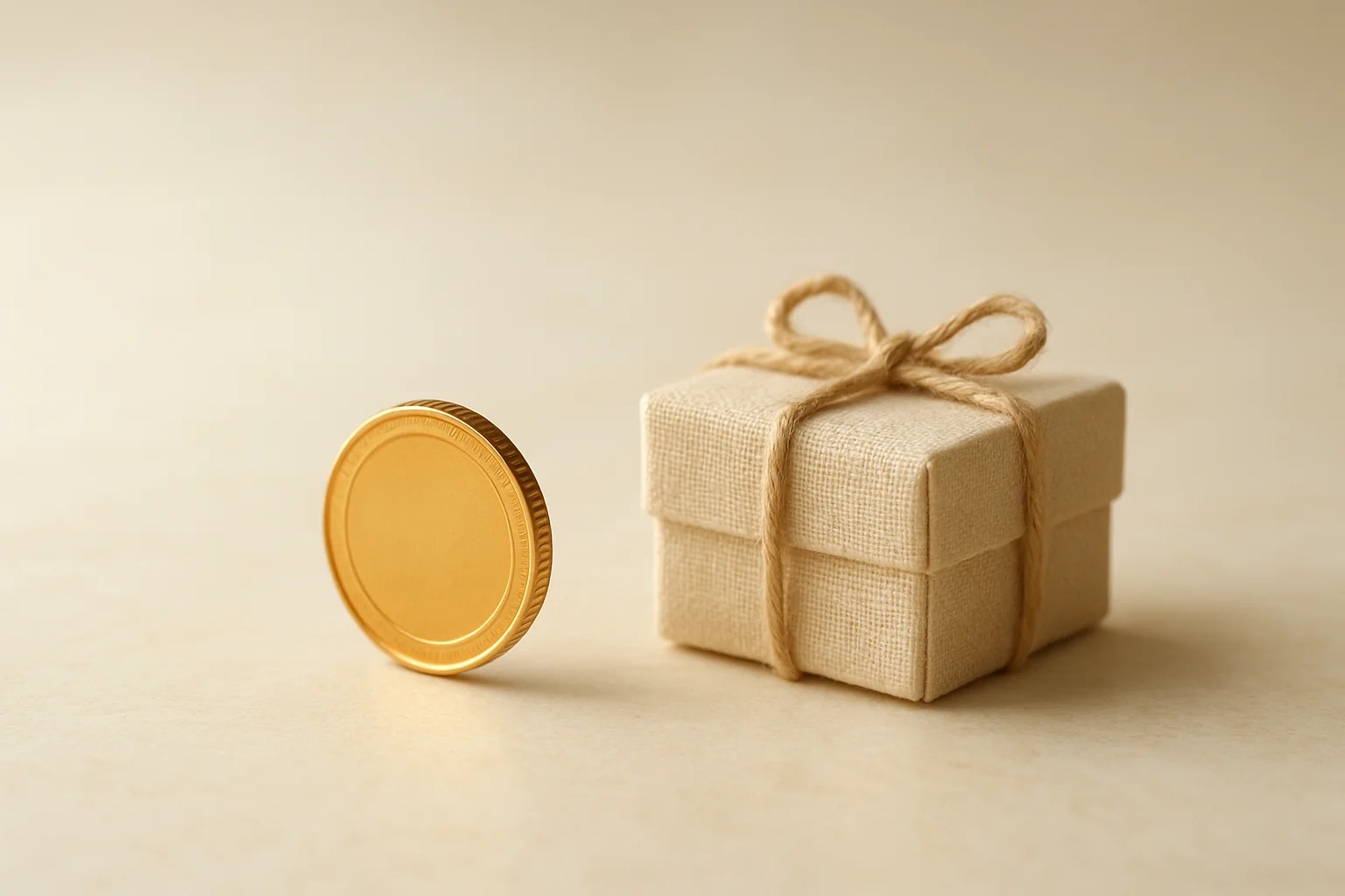 Single gold coin beside small unwrapped gift box on marble surface