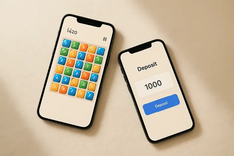 Two smartphones on cream background showing game grid and deposit screen