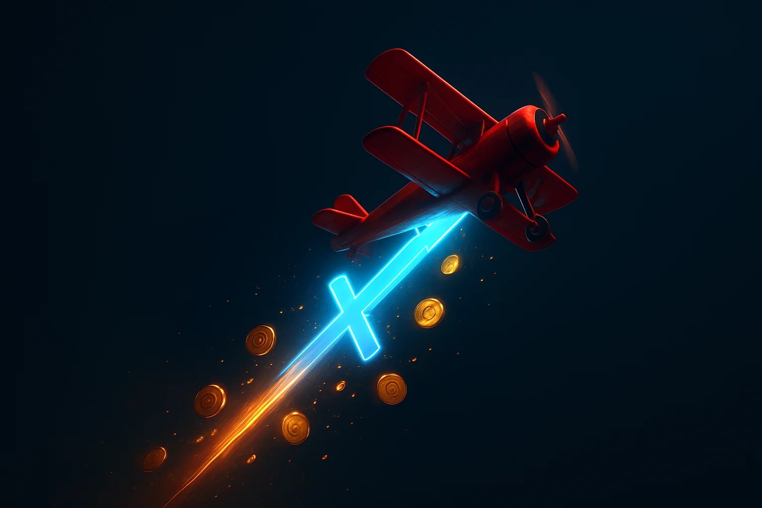 Red airplane climbing with glowing multiplier trail, coins, and sparks