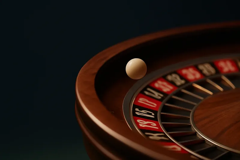 Roulette ball frozen mid-roll on wheel rim with blurred numbers