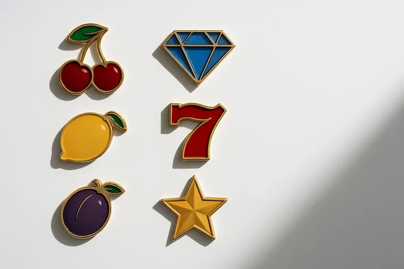 Assorted casino slot game icons with fruit, diamonds, sevens, and stars