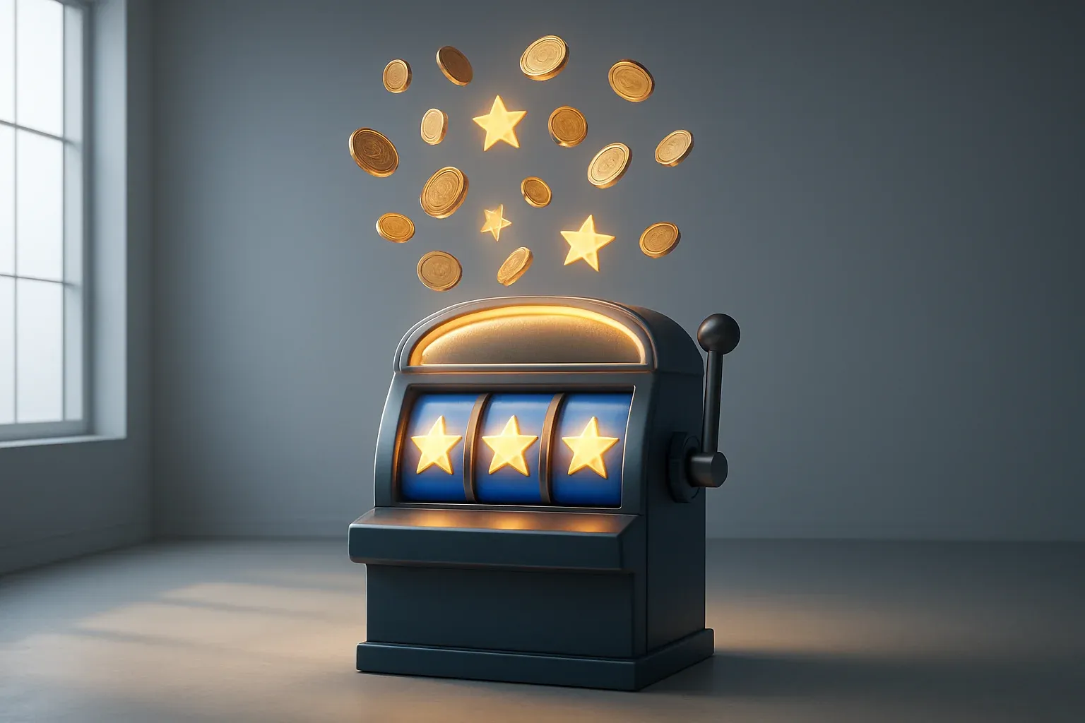 Slot machine jackpot with floating coins and stars on white background